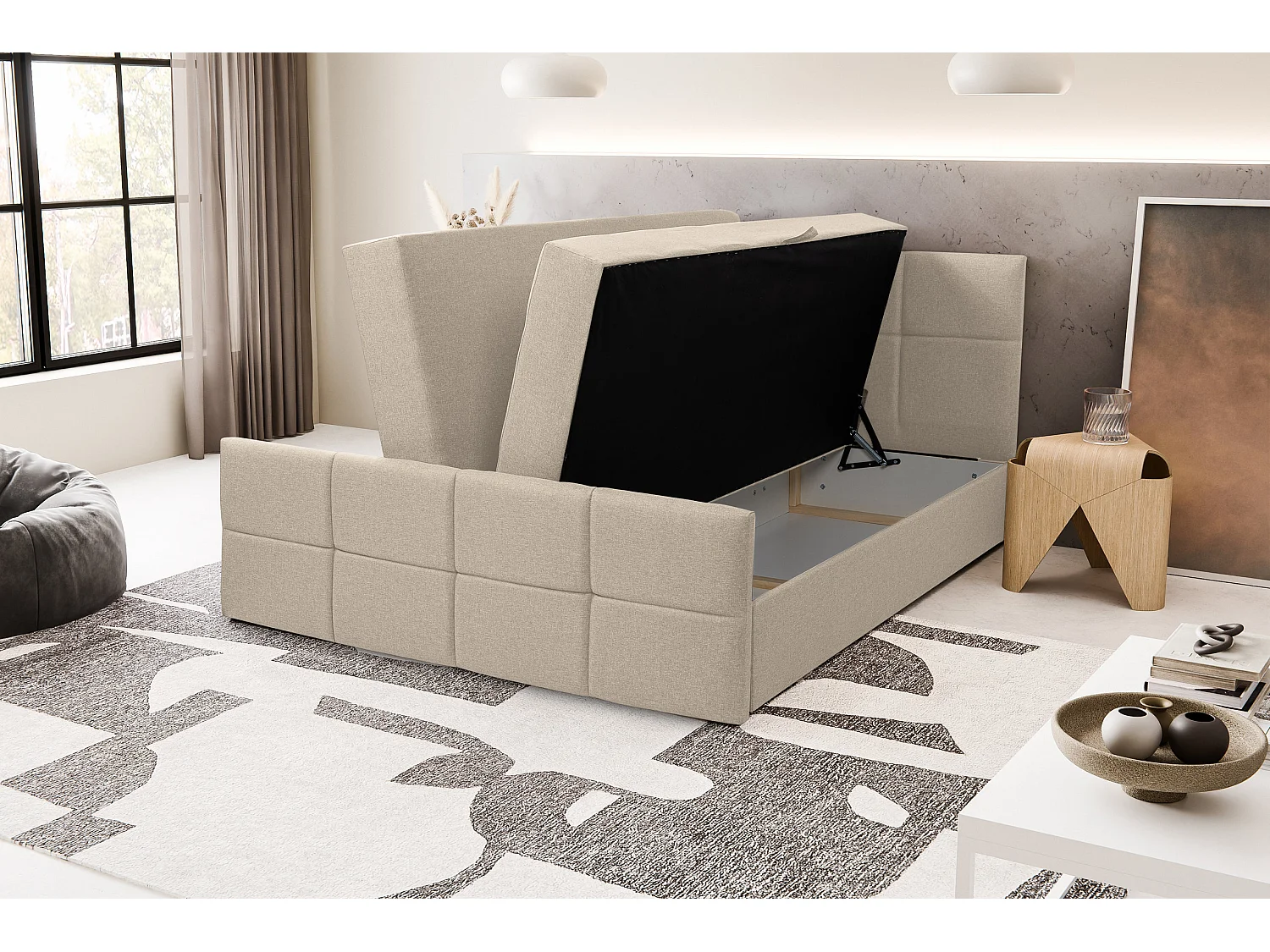 Lit boxspring DORIS avec 2 coffres de rangement, lit rembourré Dimensions: 180x200, couleur: beige, tissu velours