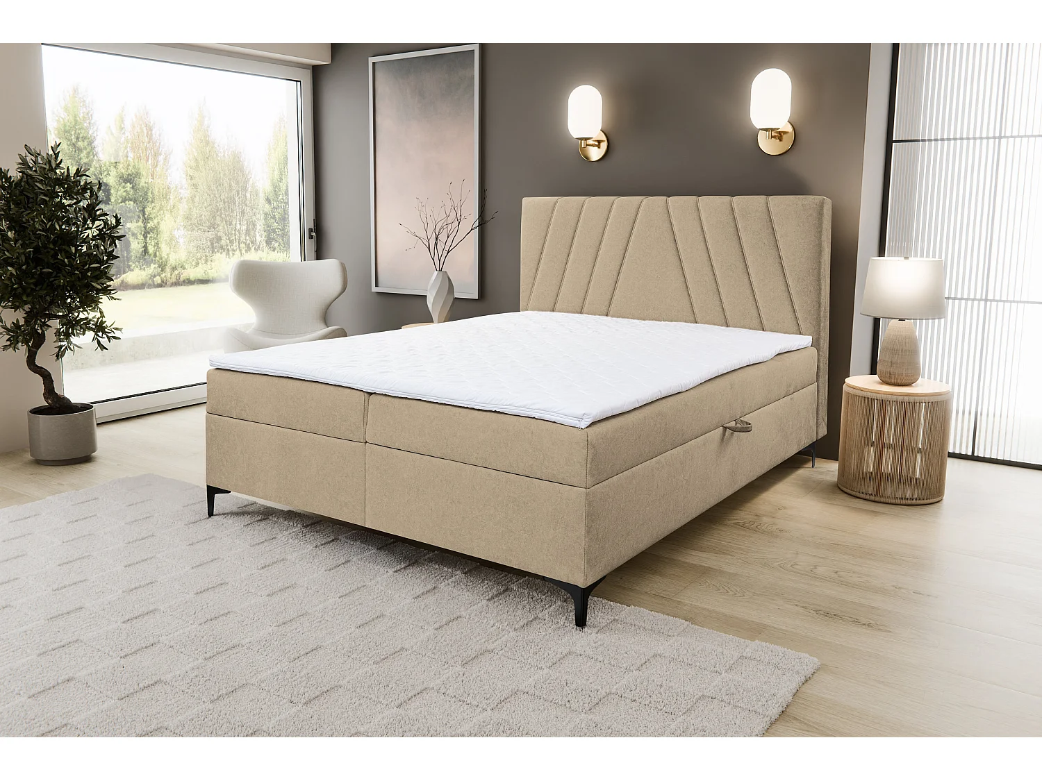 Lit boxspring CAPRI avec 2 coffres de rangement, lit rembourré Dimensions: 180x200 cm, couleur: marron clair, tissu velours