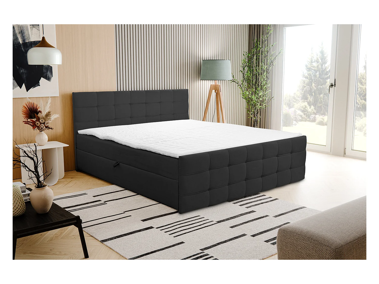 Lit boxspring NATALIE avec 2 coffres de rangement, lit rembourré Dimensions: 160x200, couleur: noir, tissu velours