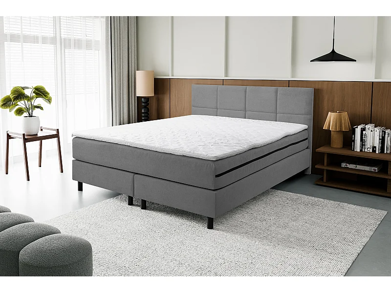 Lit boxspring Kansas, lit rembourré Dimensions : 160x200 cm, couleur : gris, tissu velours, lit double avec matelas Bonell H3 et surmatelas inclus