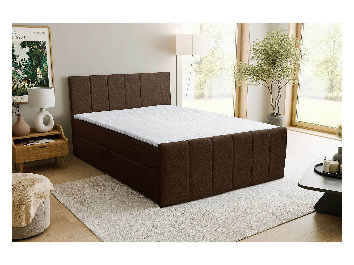 Lit boxspring CLAUDINE avec 2 coffres de rangement, lit rembourré Dimensions: 140x200, couleur: marron, tissu velours