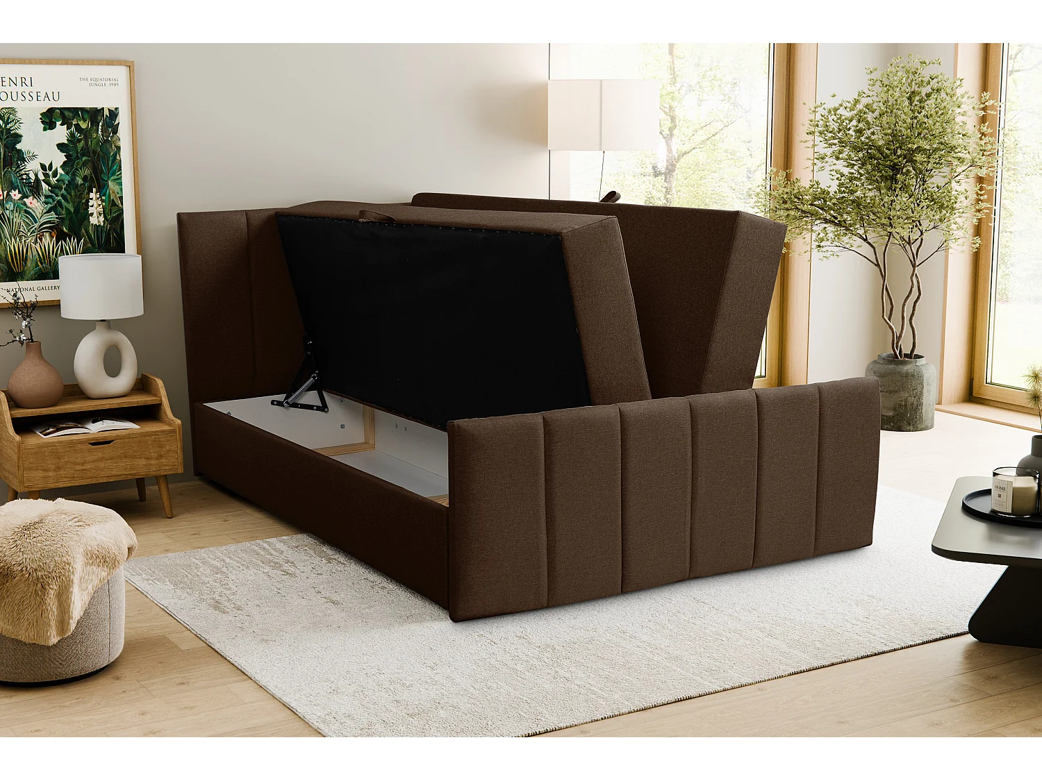 Lit boxspring CLAUDINE avec 2 coffres de rangement, lit rembourré Dimensions: 140x200, couleur: marron, tissu velours