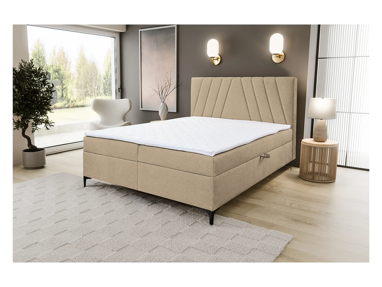 Lit boxspring CAPRI avec 2 coffres de rangement, lit rembourré Dimensions: 140x200 cm, couleur: marron clair, tissu velours