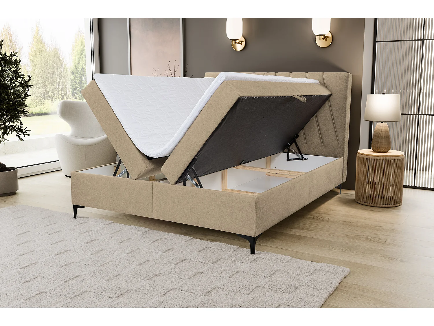 Lit boxspring CAPRI avec 2 coffres de rangement, lit rembourré Dimensions: 140x200 cm, couleur: marron clair, tissu velours