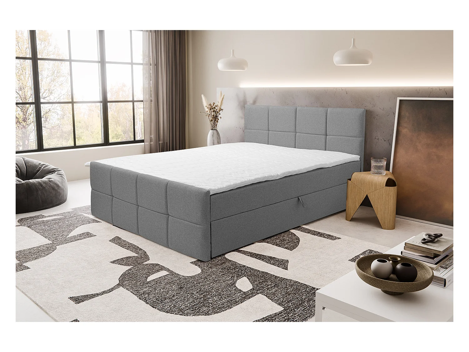 Lit boxspring DORIS avec 2 coffres de rangement, lit rembourré Dimensions: 140x200, couleur: gris, tissu velours