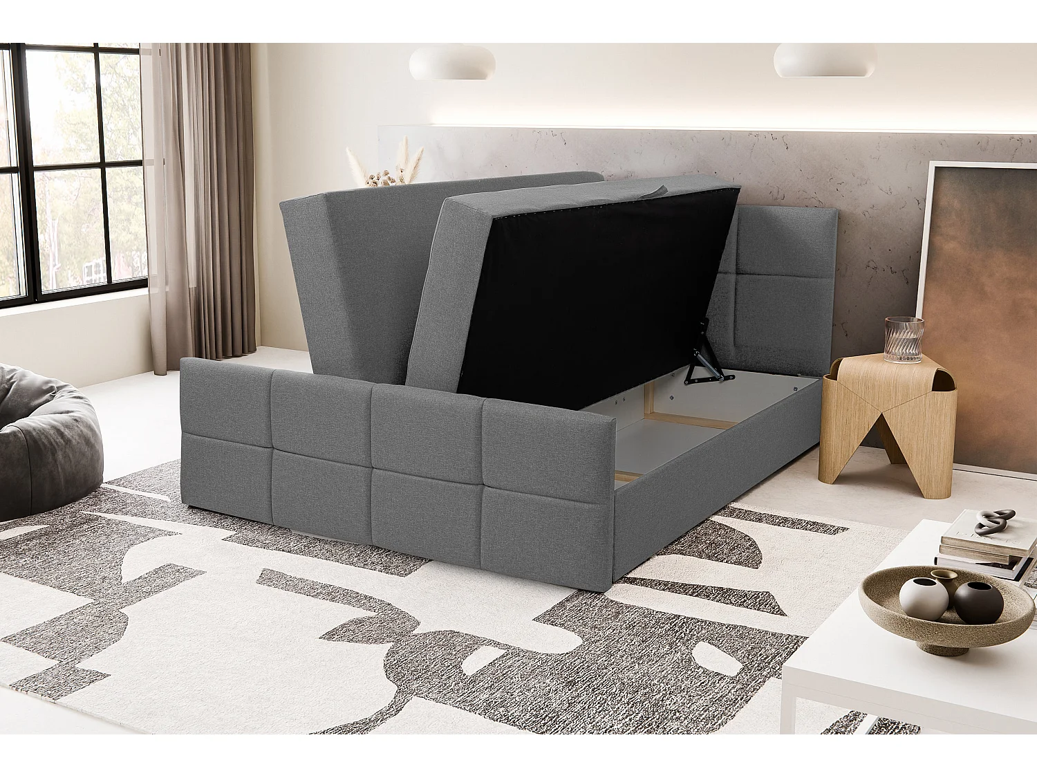 Lit boxspring DORIS avec 2 coffres de rangement, lit rembourré Dimensions: 140x200, couleur: gris, tissu velours