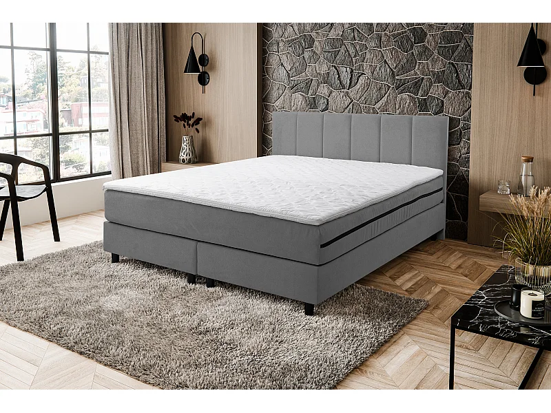 Lit boxspring Paris, lit rembourré Dimensions : 140x200 cm, couleur : gris, tissu velours, lit double avec matelas Bonell H3 et surmatelas inclus