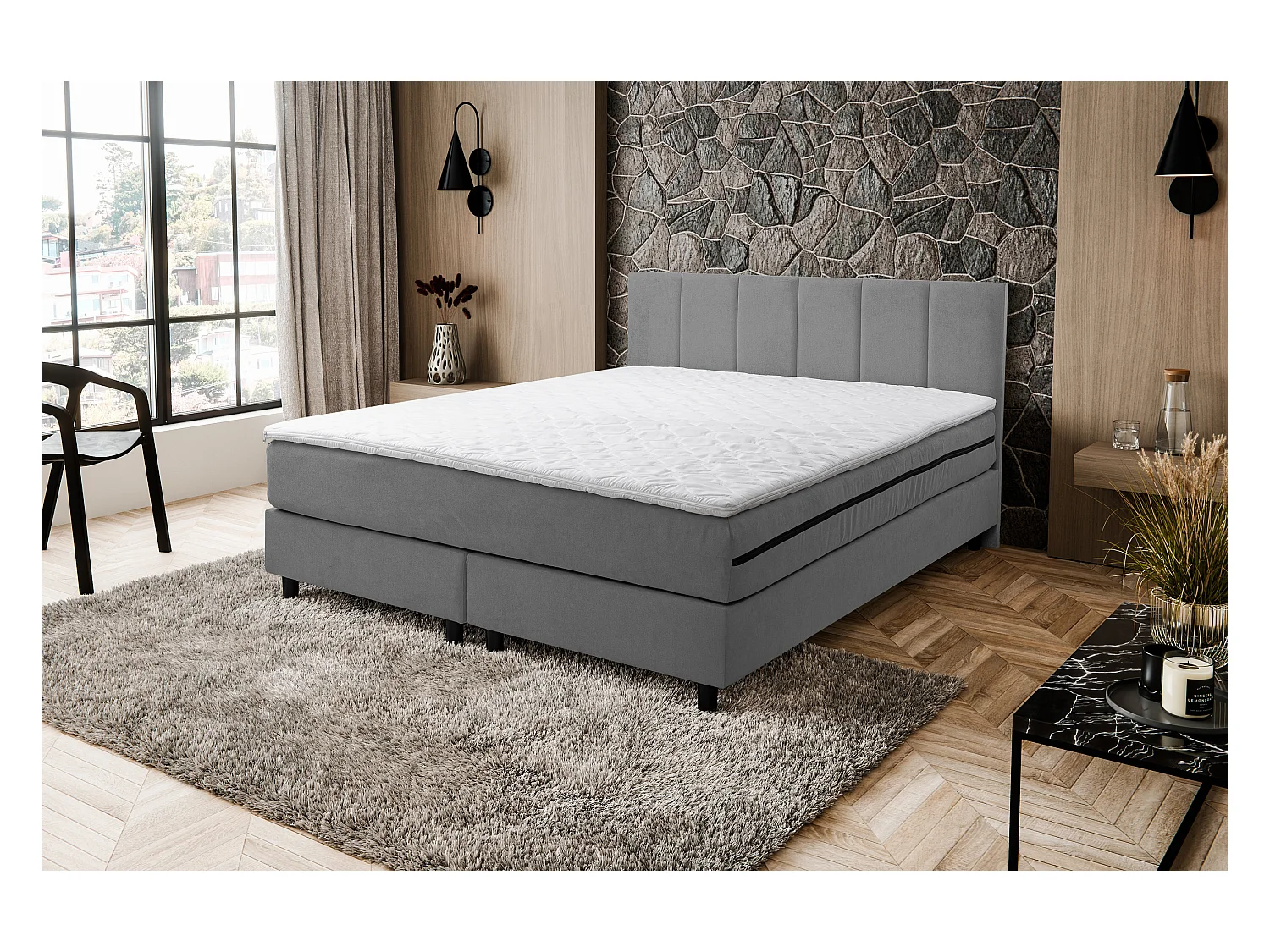 Lit boxspring Paris, lit rembourré Dimensions : 140x200 cm, couleur : gris, tissu velours, lit double avec matelas Bonell H3 et surmatelas inclus