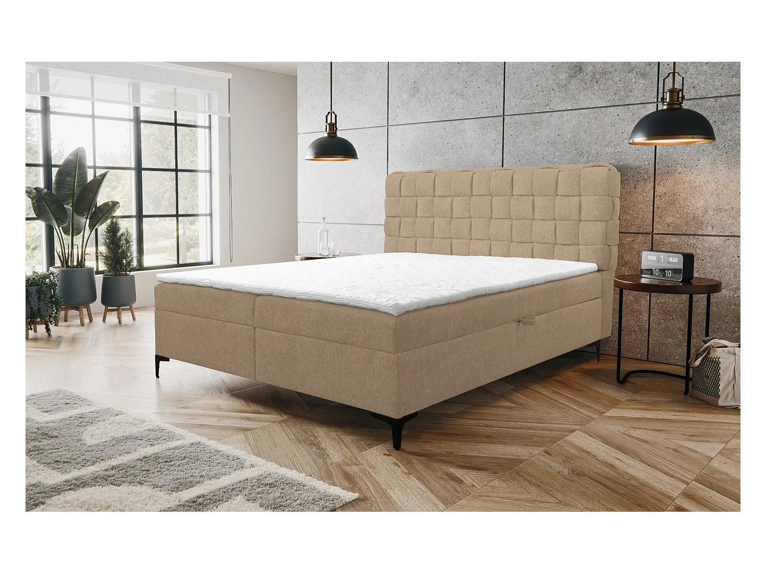 Lit boxspring Roma avec 2 tiroirs de rangement, lit rembourré Dimensions: 160x200, couleur: marron, tissu velours