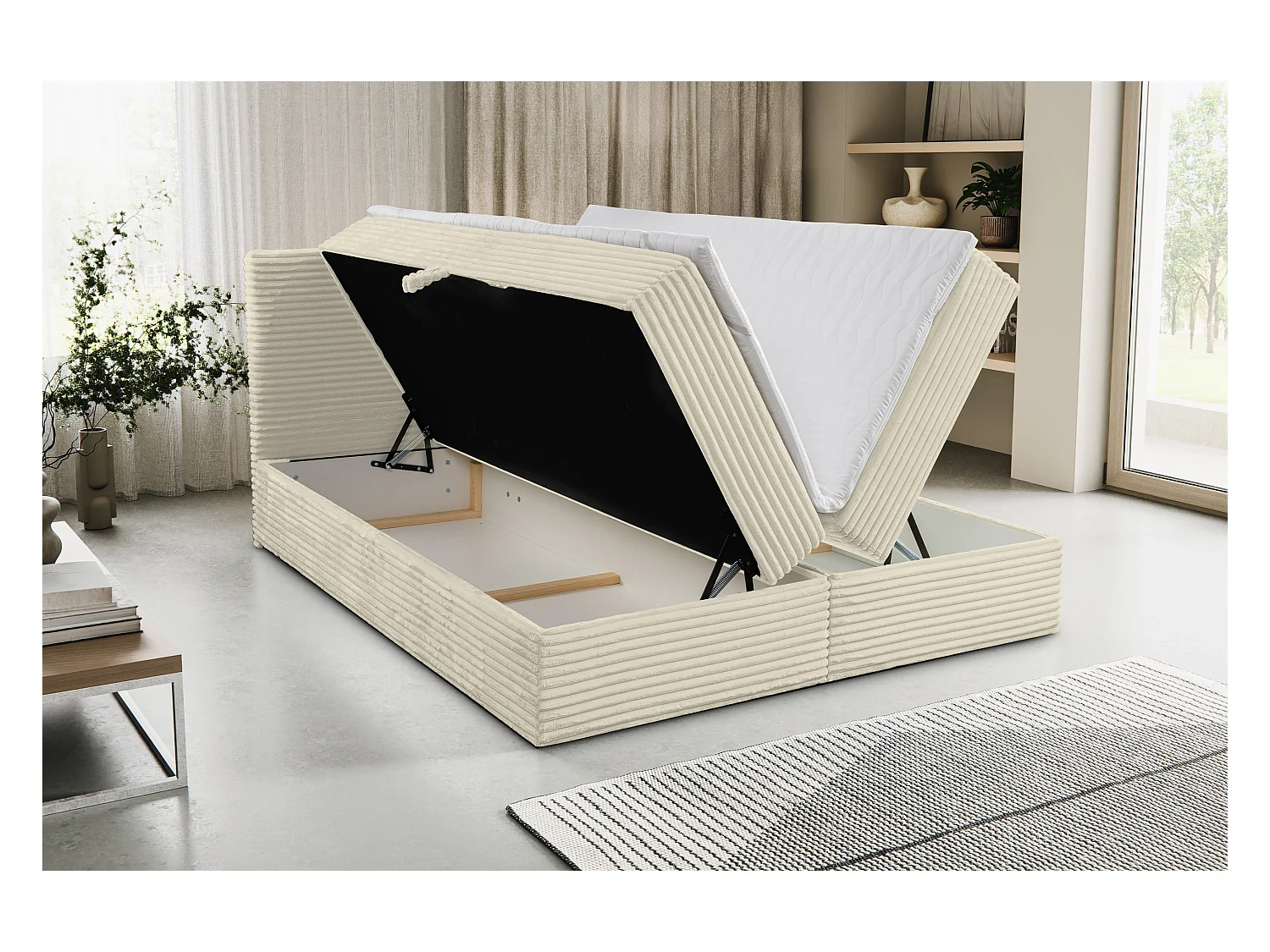 Lit boxspring Tilly avec 2 coffres de rangement, lit rembourré Dimensions: 140x200, couleur: beige, tissu velours côtelé