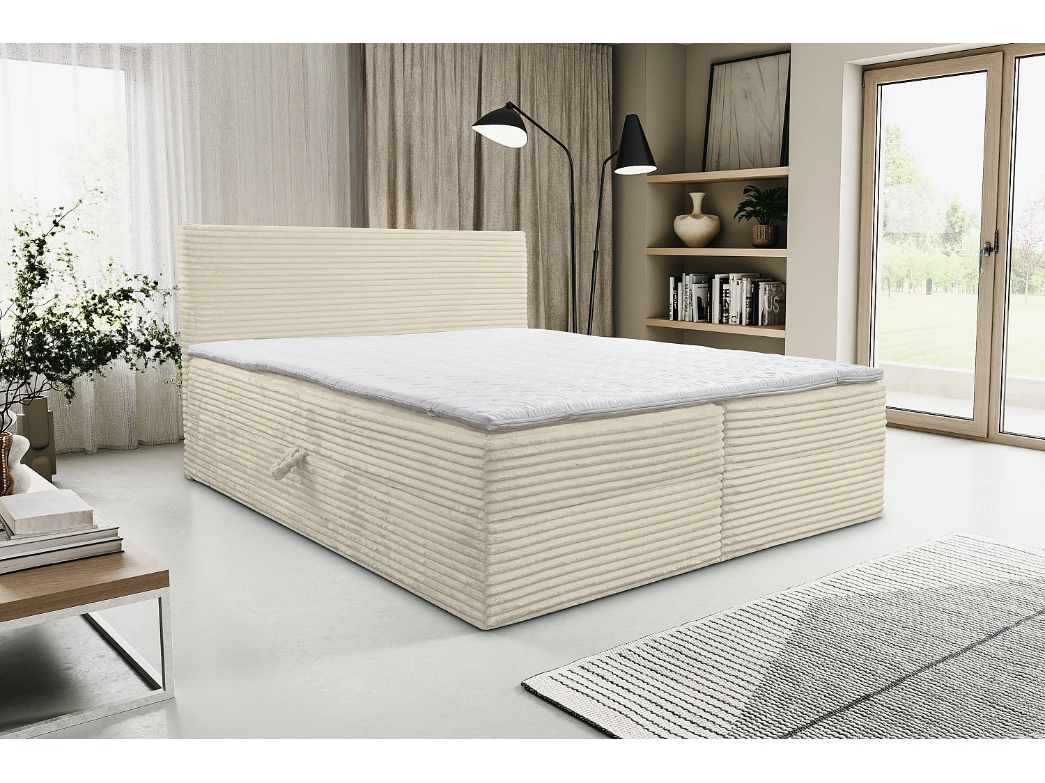 Lit boxspring Tilly avec 2 coffres de rangement, lit rembourré Dimensions: 140x200, couleur: beige, tissu velours côtelé