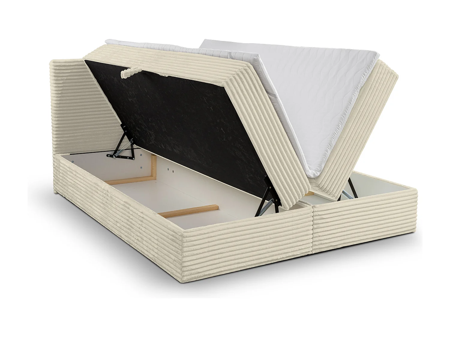 Lit boxspring Tilly avec 2 coffres de rangement, lit rembourré Dimensions: 140x200, couleur: beige, tissu velours côtelé