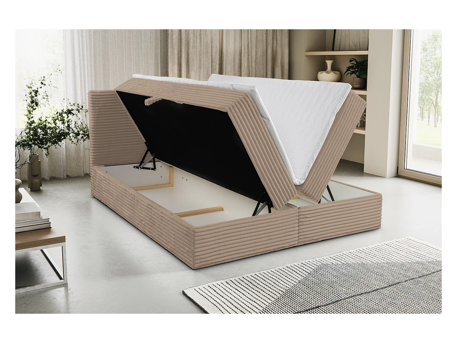 Lit boxspring Tilly avec 2 coffres de rangement, lit rembourré Dimensions: 180x200, couleur: marron, tissu cordé