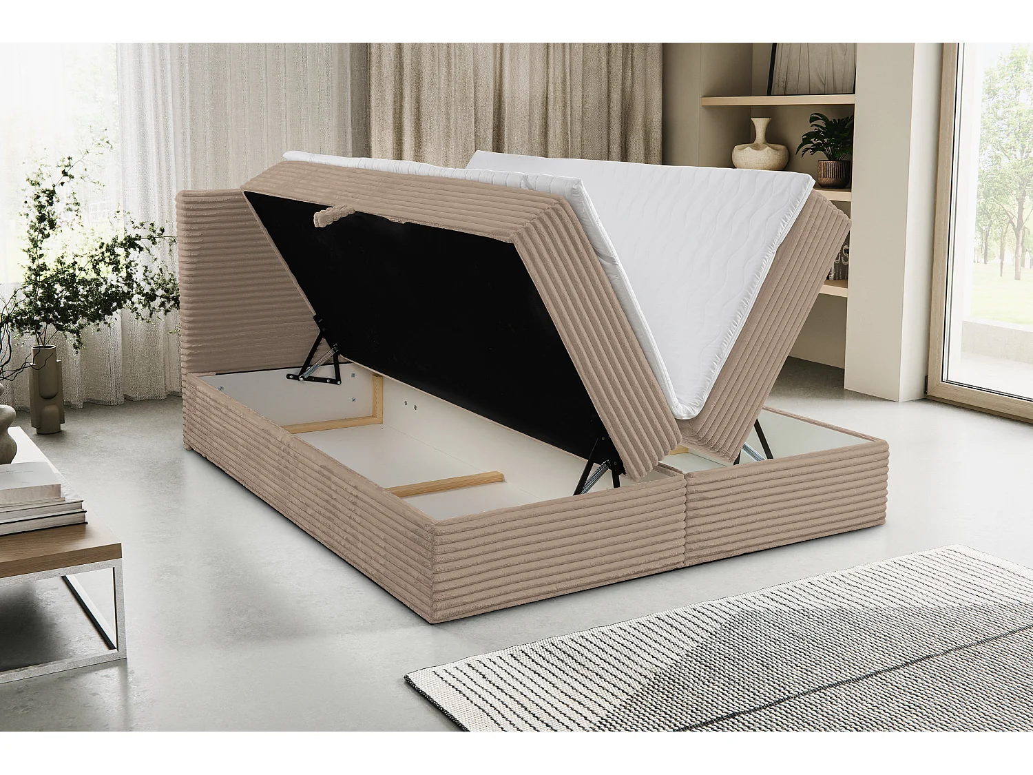 Lit boxspring Tilly avec 2 coffres de rangement, lit rembourré Dimensions: 180x200, couleur: marron, tissu cordé