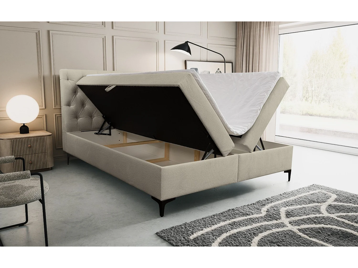Lit boxspring Calipso avec 2 coffres de rangement, lit rembourré Dimensions: 160x200, couleur: beige, tissu velours