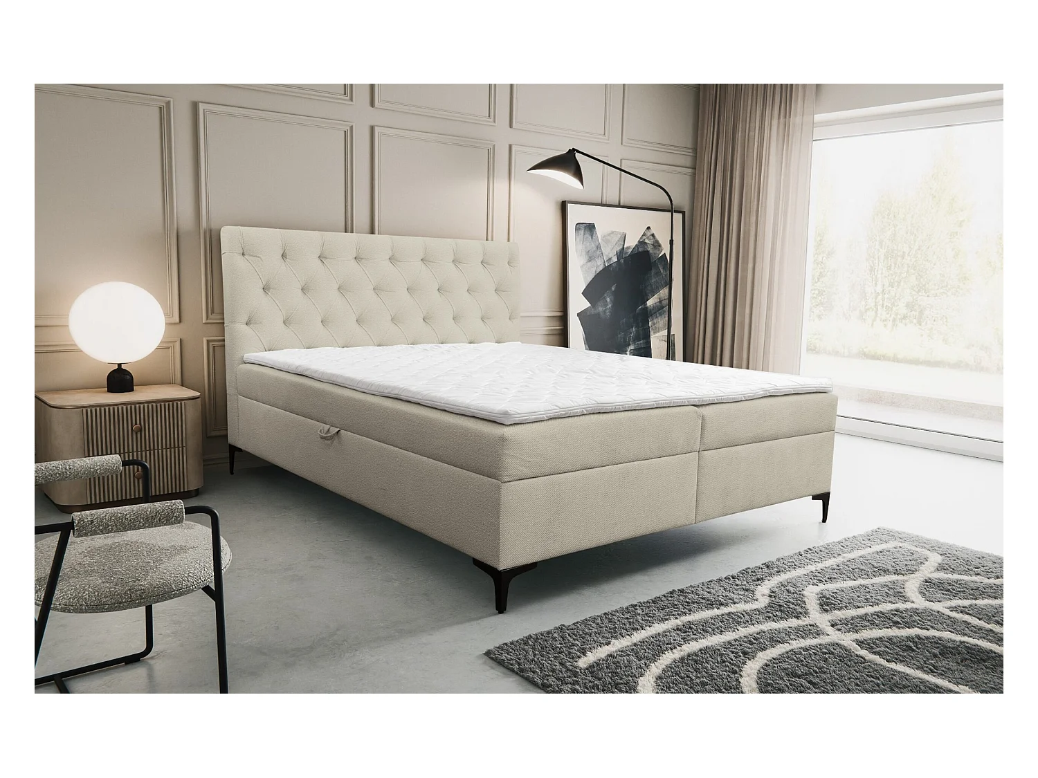 Boxspringbett Calipso mit 2 Bettkästen, Polsterbett Maße: 160x200, Farbe: Beige, Velourstoff, Doppelbett mit Bonell-Matratze inkl. Topper
