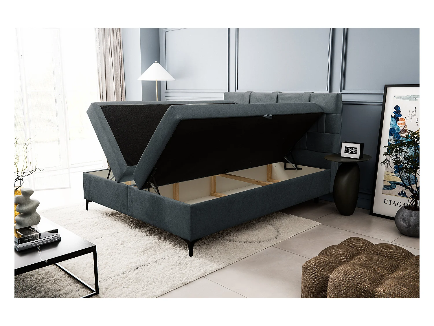 Lit boxspring Charlotte avec 2 coffres de rangement, lit rembourré Dimensions: 160x200 cm, couleur: gris foncé, tissu velours