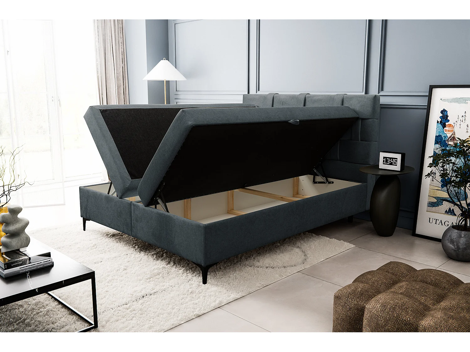 Lit boxspring Charlotte avec 2 coffres de rangement, lit rembourré Dimensions: 160x200 cm, couleur: gris foncé, tissu velours