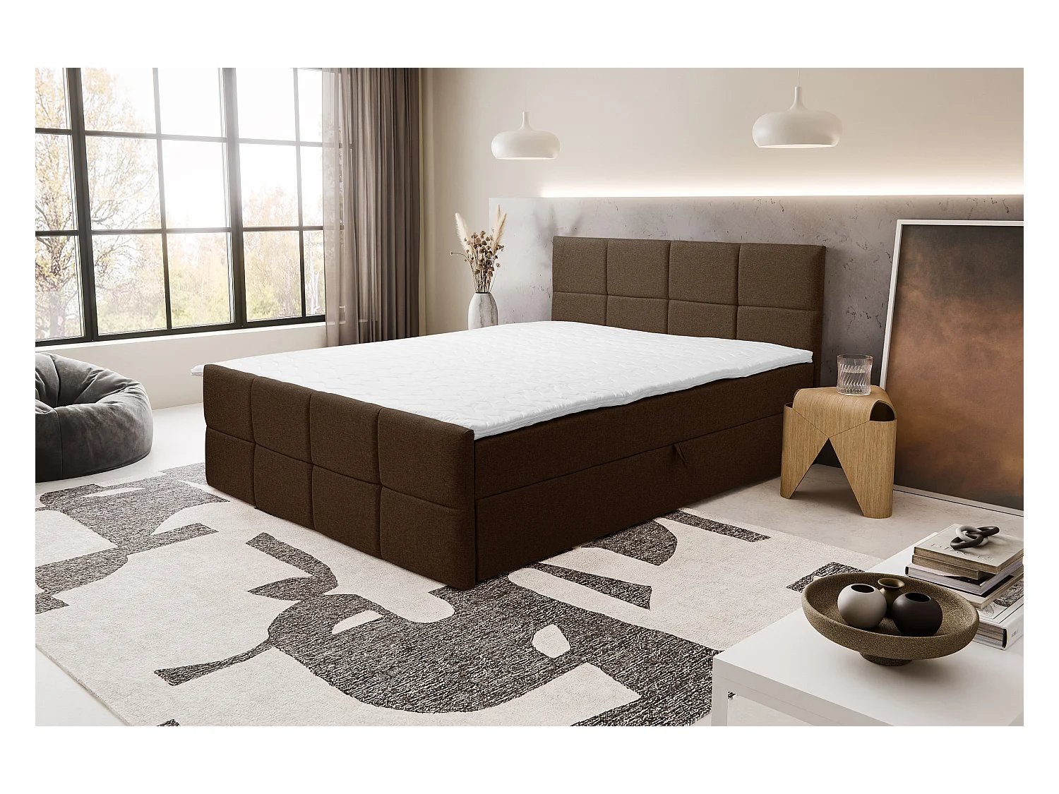 Lit boxspring DORIS avec 2 coffres de rangement, lit rembourré Dimensions: 160x200, couleur: marron, tissu velours