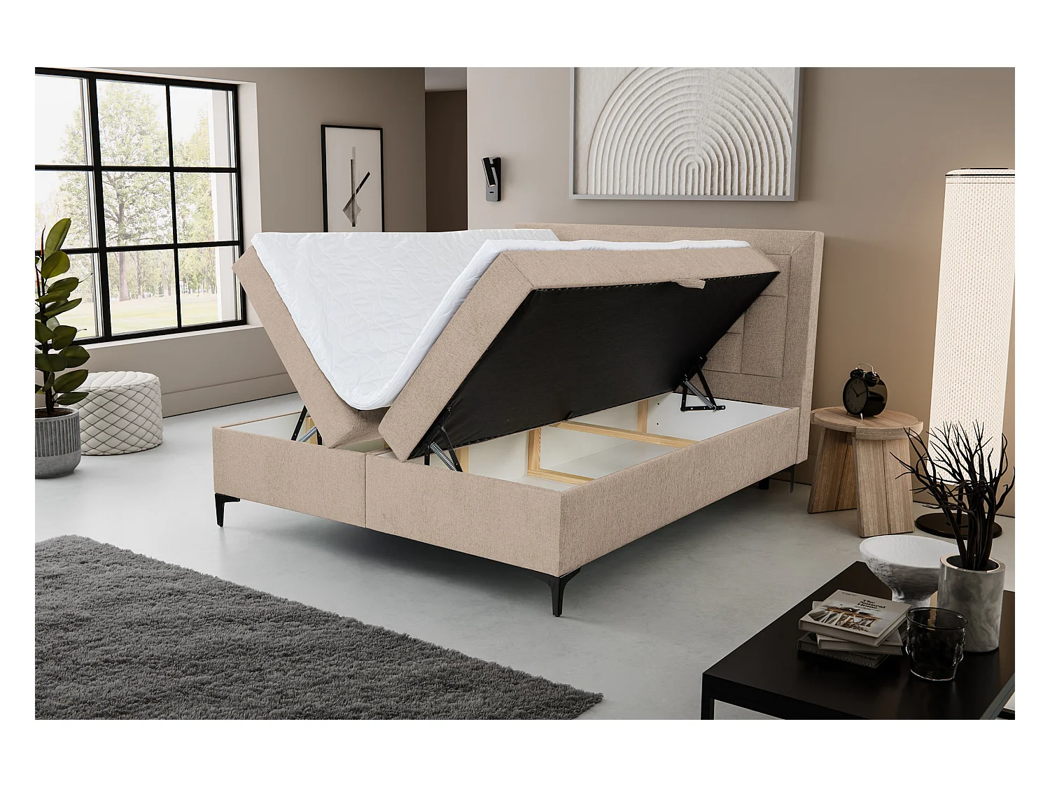 Lit boxspring VENEZIA avec 2 coffres de rangement, lit rembourré Dimensions: 140x200 cm, couleur: marron clair, tissu velours