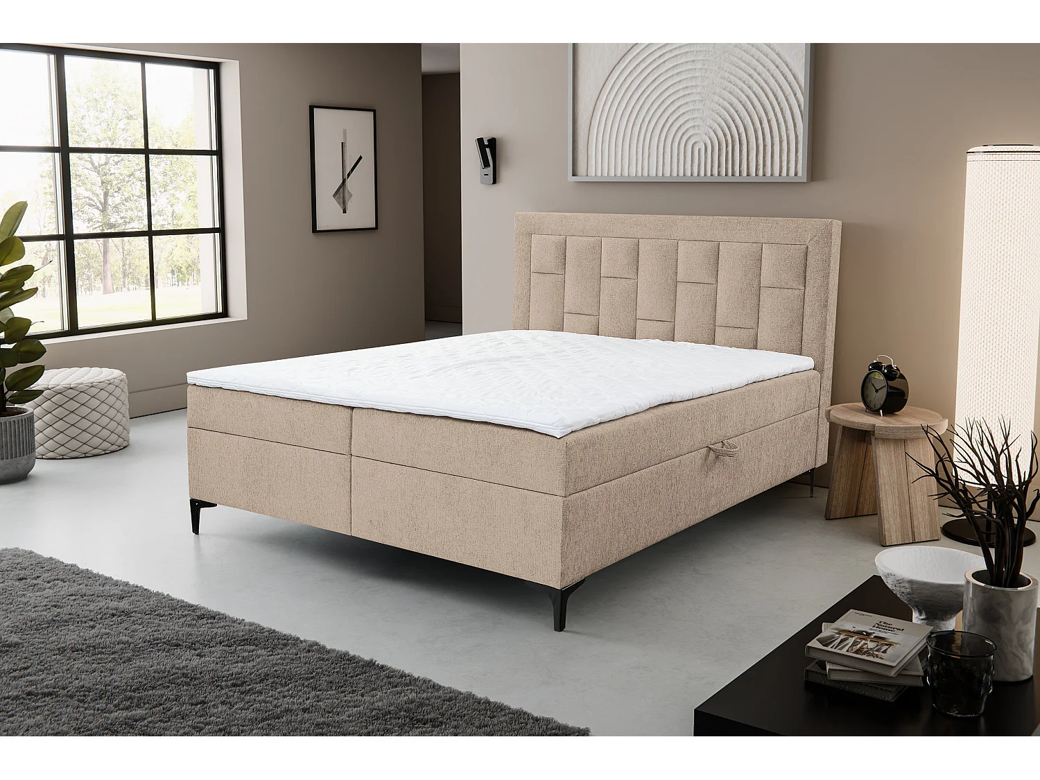 Lit boxspring VENEZIA avec 2 coffres de rangement, lit rembourré Dimensions: 140x200 cm, couleur: marron clair, tissu velours