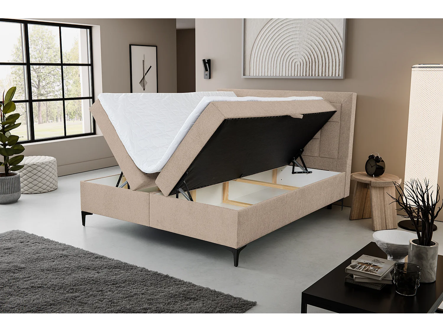 Lit boxspring VENEZIA avec 2 coffres de rangement, lit rembourré Dimensions: 140x200 cm, couleur: marron clair, tissu velours