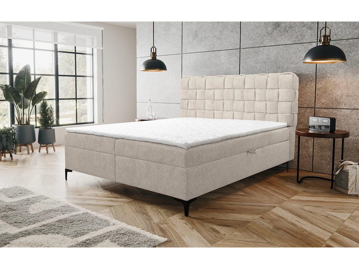 Lit boxspring Roma avec 2 coffres de rangement, lit rembourré Dimensions: 180x200, couleur: beige, tissu velours