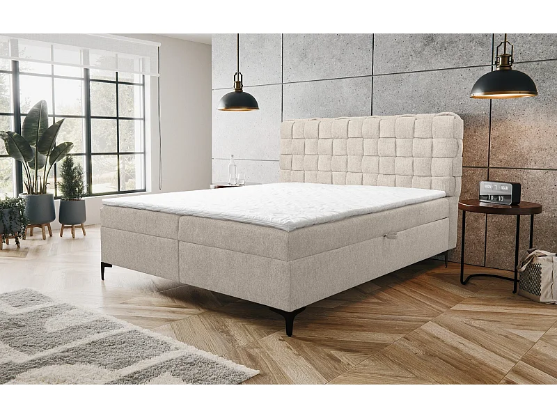Lit boxspring Roma avec 2 coffres de rangement, lit rembourré Dimensions: 180x200, couleur: beige, tissu velours