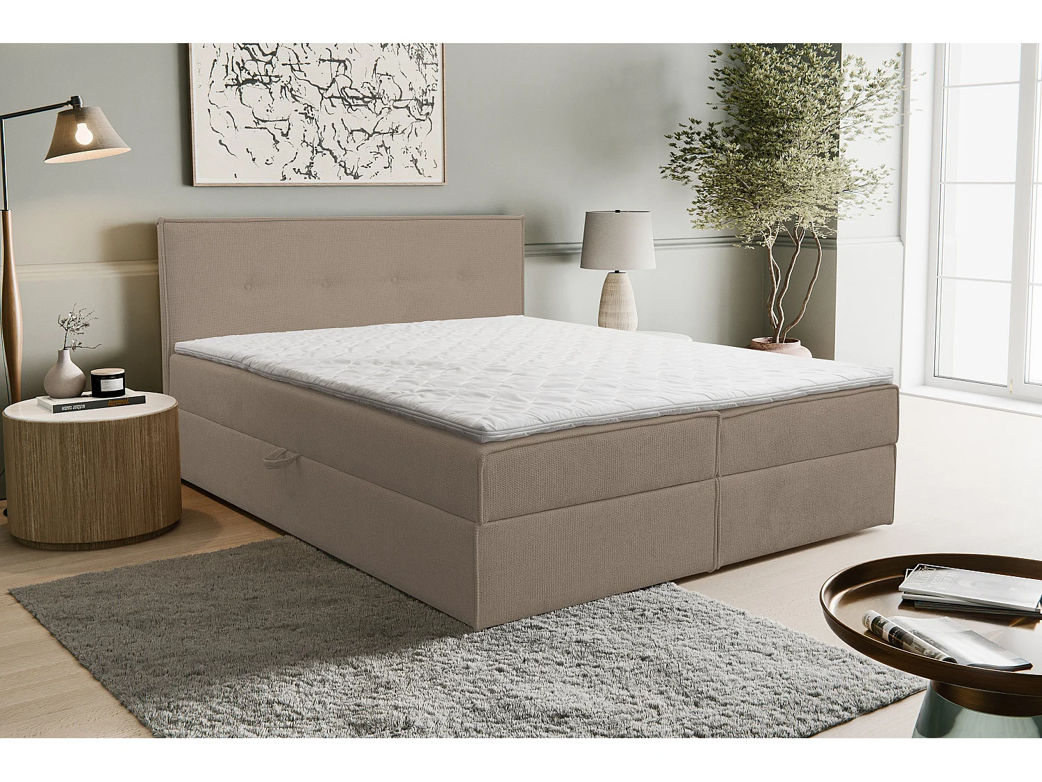 Lit boxspring Calido avec 2 coffres de rangement, lit rembourré Dimensions: 140x200, couleur: marron, tissu structuré