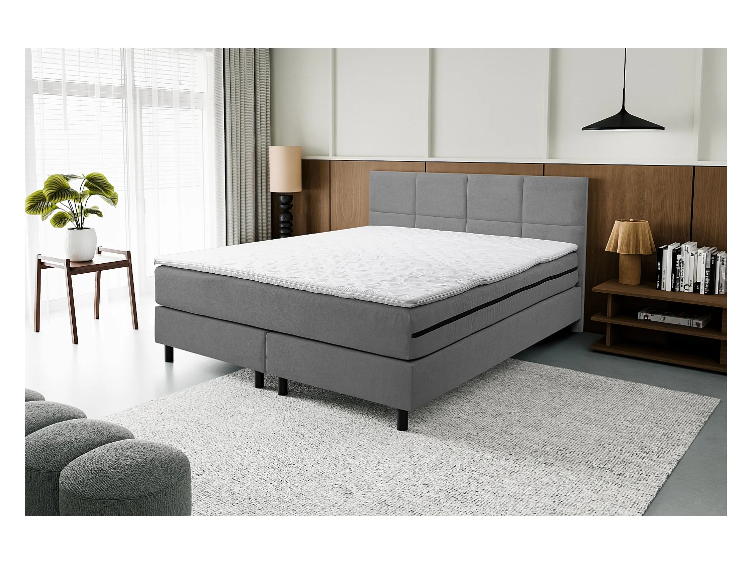 Lit boxspring Kansas, lit rembourré Dimensions : 180x200 cm, couleur : gris, tissu velours, lit double avec matelas Bonell H3 et surmatelas inclus