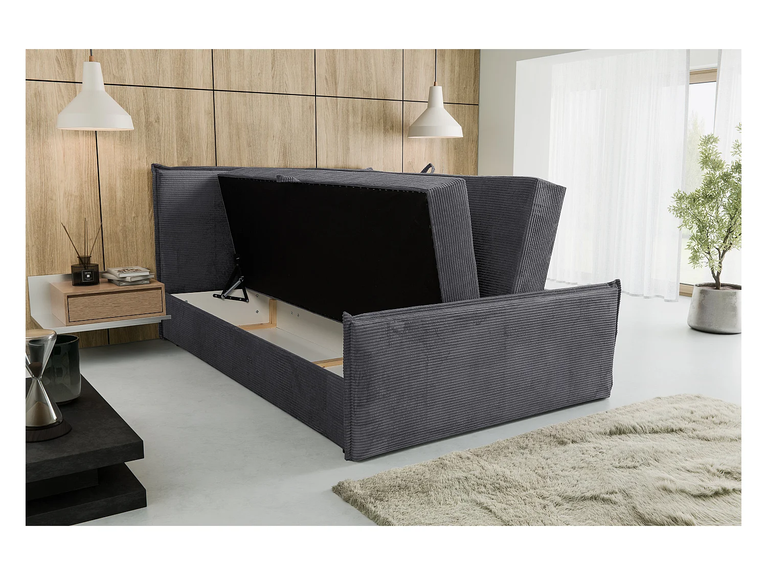 Lit boxspring Vanessa avec 2 coffres de rangement, lit rembourré Dimensions: 160x200, couleur: gris, tissu cordé