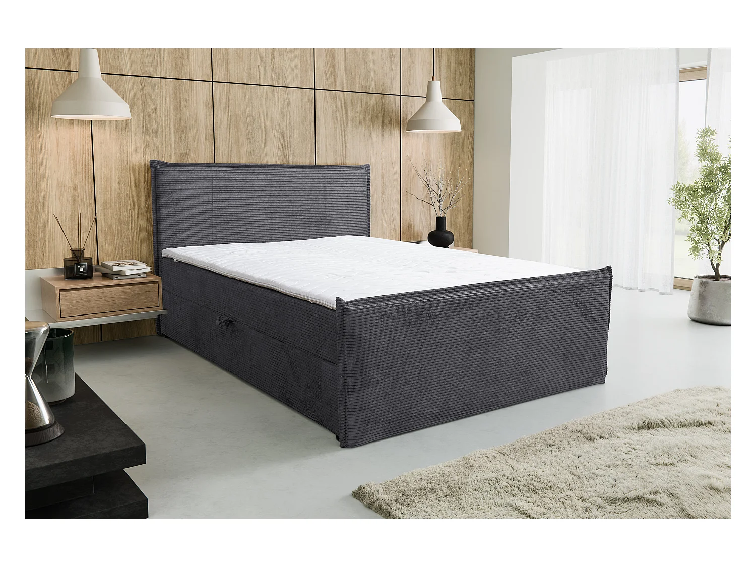 Boxspringbett Vanessa mit 2 Bettkästen, Polsterbett Maße: 160x200, Farbe: Grau, Cordstoff, Doppelbett mit Bonell-Matratze inkl. Topper