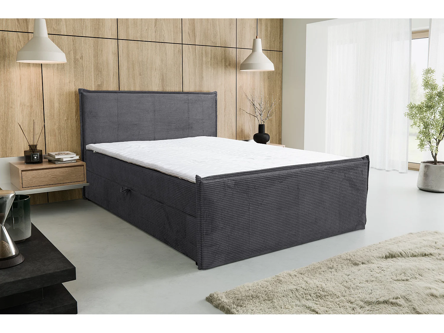 Lit boxspring Vanessa avec 2 coffres de rangement, lit rembourré Dimensions: 160x200, couleur: gris, tissu cordé