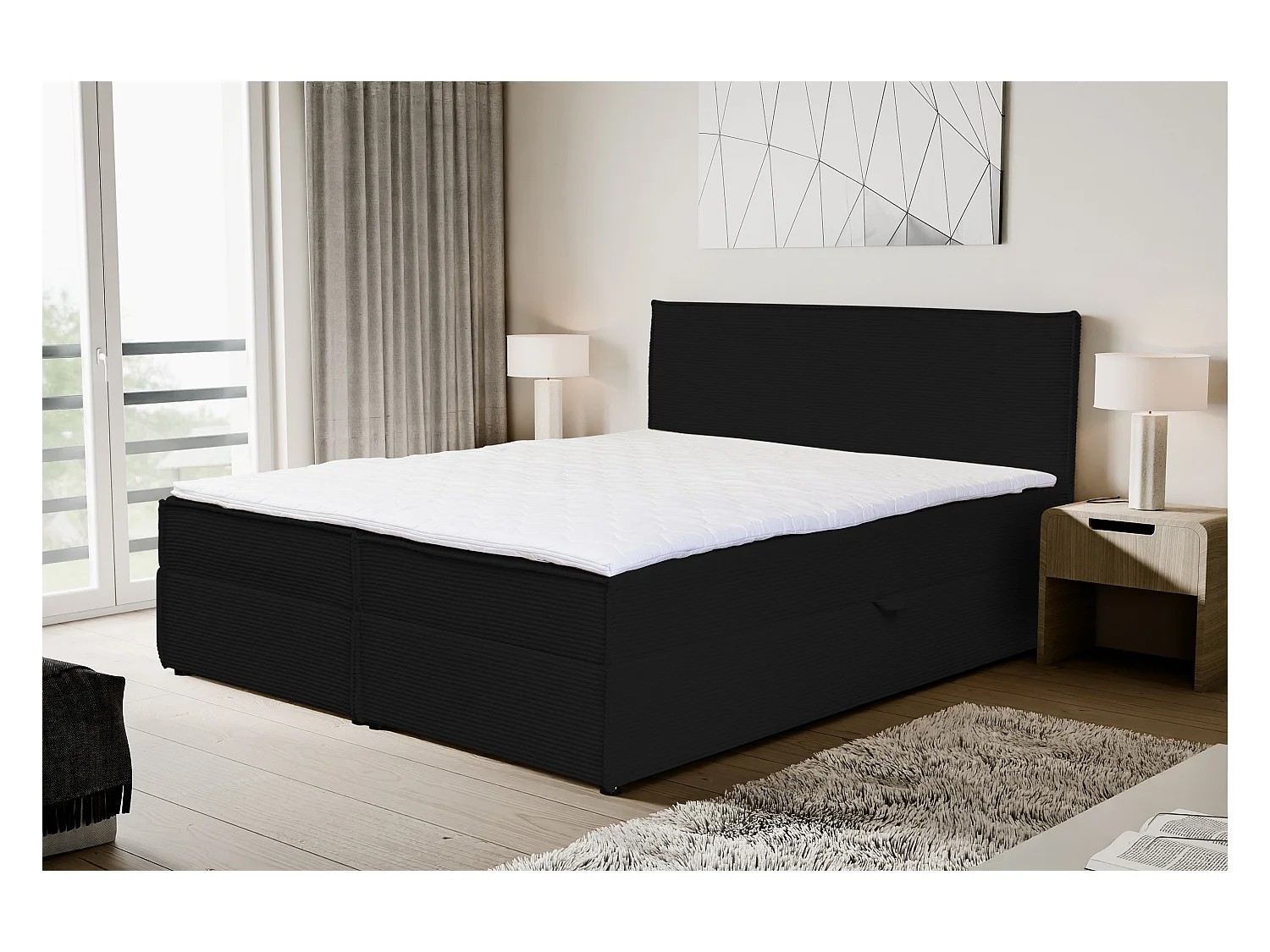 Lit boxspring GLORIA avec 2 coffres de rangement, lit rembourré Dimensions: 140x200, couleur: noir, tissu velours