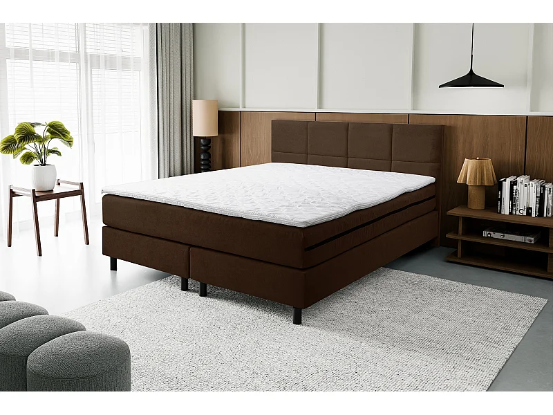 Lit boxspring Kansas, lit rembourré Dimensions : 160x200 cm, couleur : marron, tissu velours, lit double avec matelas Bonell H3 et surmatelas inclus