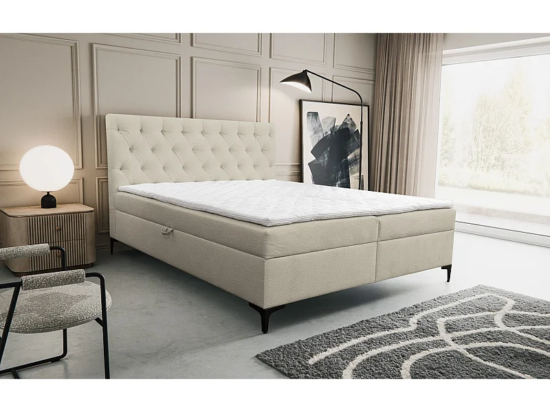 Lit boxspring Calipso avec 2 coffres de rangement, lit rembourré Dimensions: 180x200, couleur: beige, tissu velours