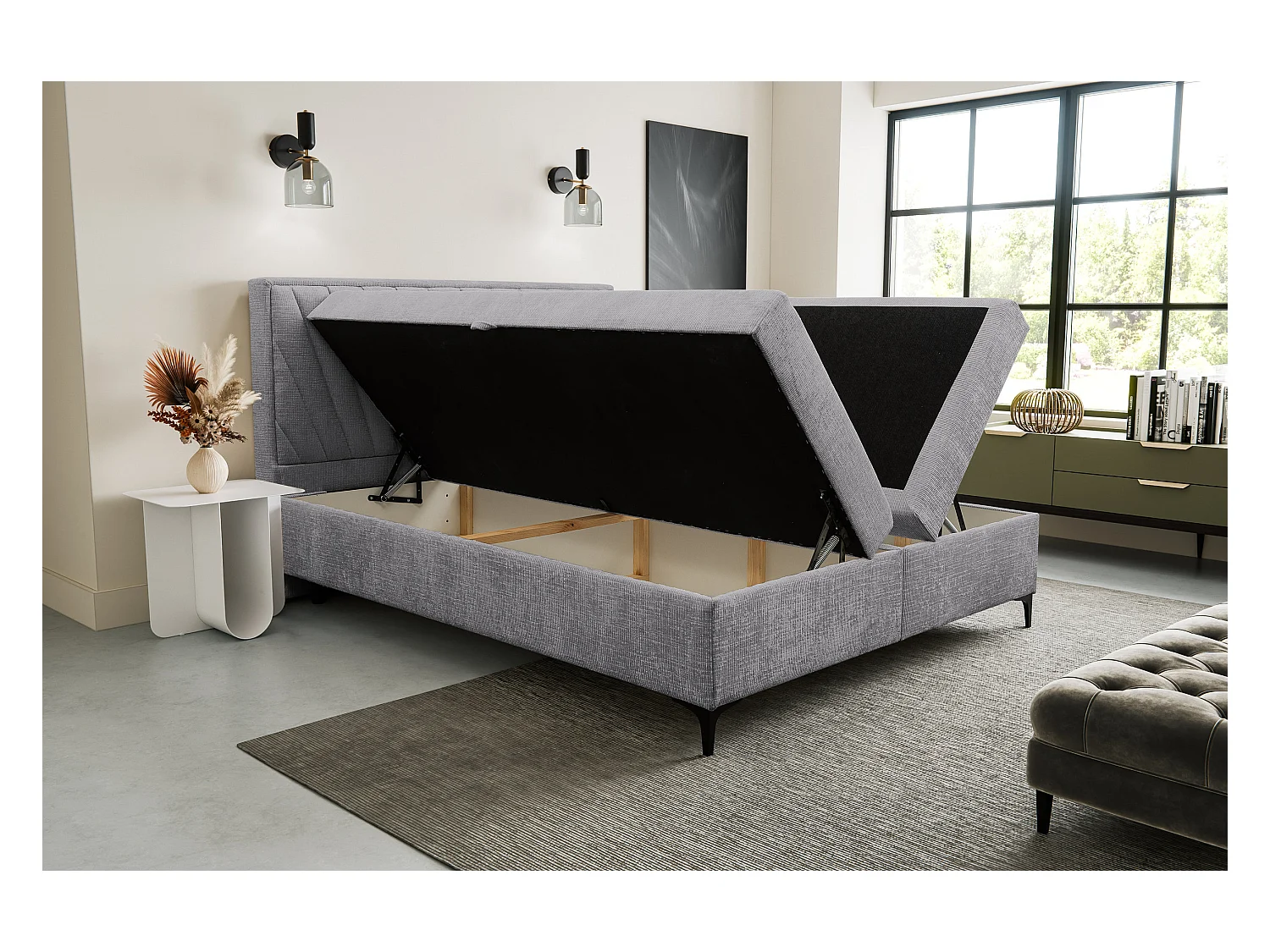 Lit boxspring Cimone avec 2 tiroirs de rangement, lit rembourré Dimensions: 180x200 cm, couleur: gris, tissu velours