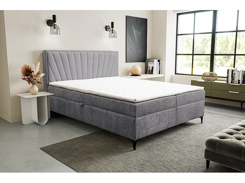 Boxspringbed Cimone met 2 bedbakken, gestoffeerd bed Afmetingen: 180x200 cm, kleur: grijs, veloursstof, tweepersoonsbed met Bonell-matras incl. topper