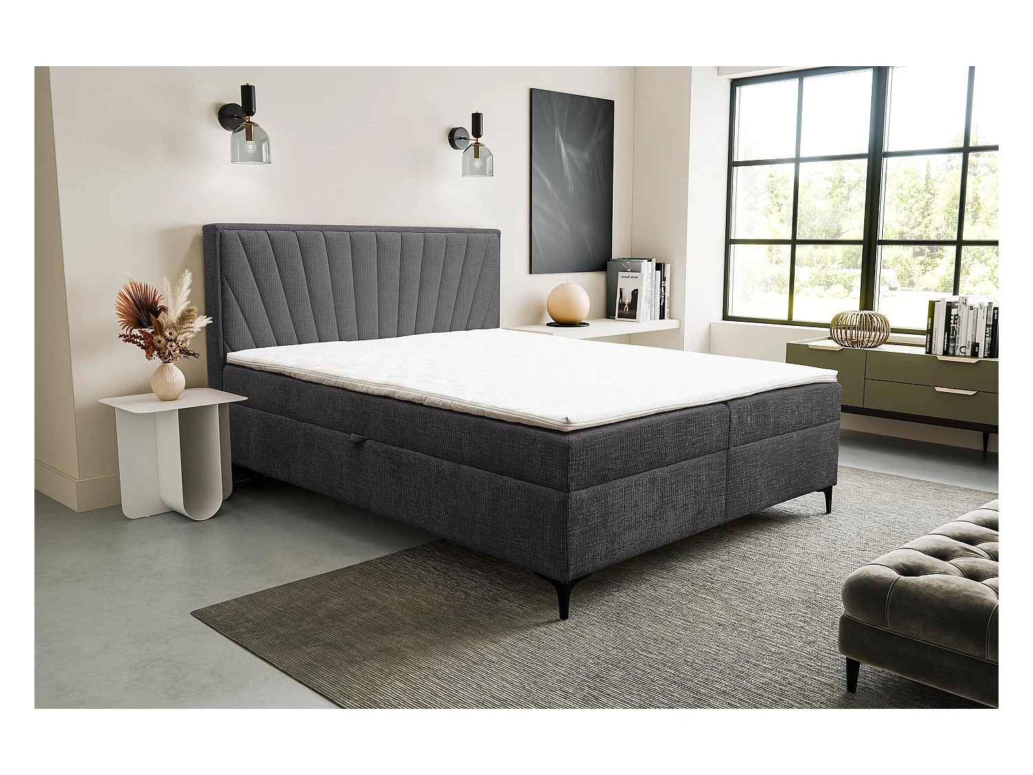Lit boxspring Cimone avec 2 coffres de rangement, lit rembourré Dimensions: 140x200 cm, couleur: gris foncé, tissu velours
