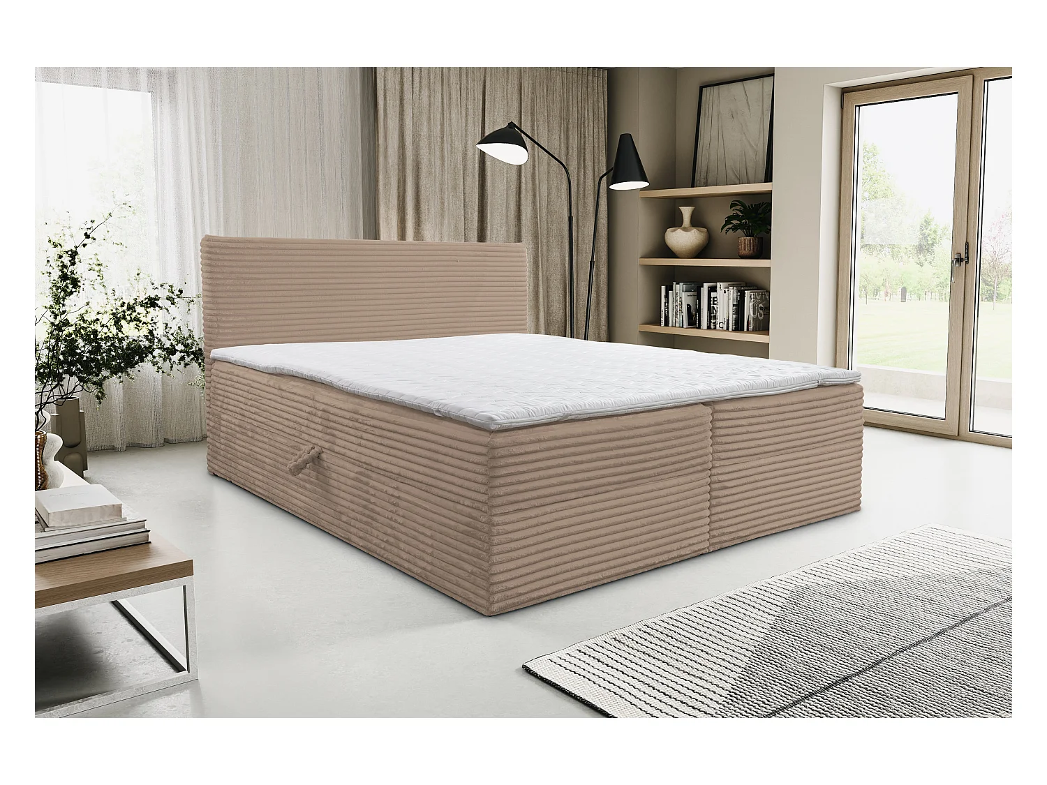 Lit boxspring Tilly avec 2 coffres de rangement, lit rembourré Dimensions: 140x200, couleur: marron, tissu cordé