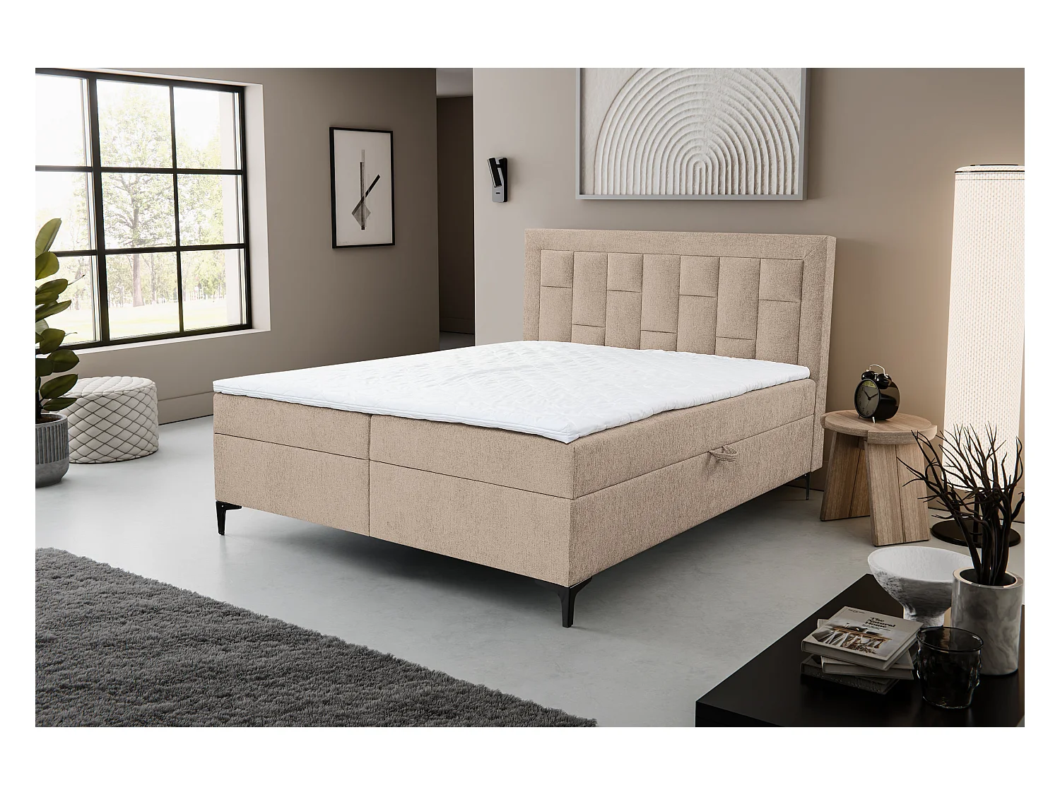 Lit boxspring VENEZIA avec 2 coffres de rangement, lit rembourré Dimensions: 180x200 cm, couleur: marron clair, tissu velours