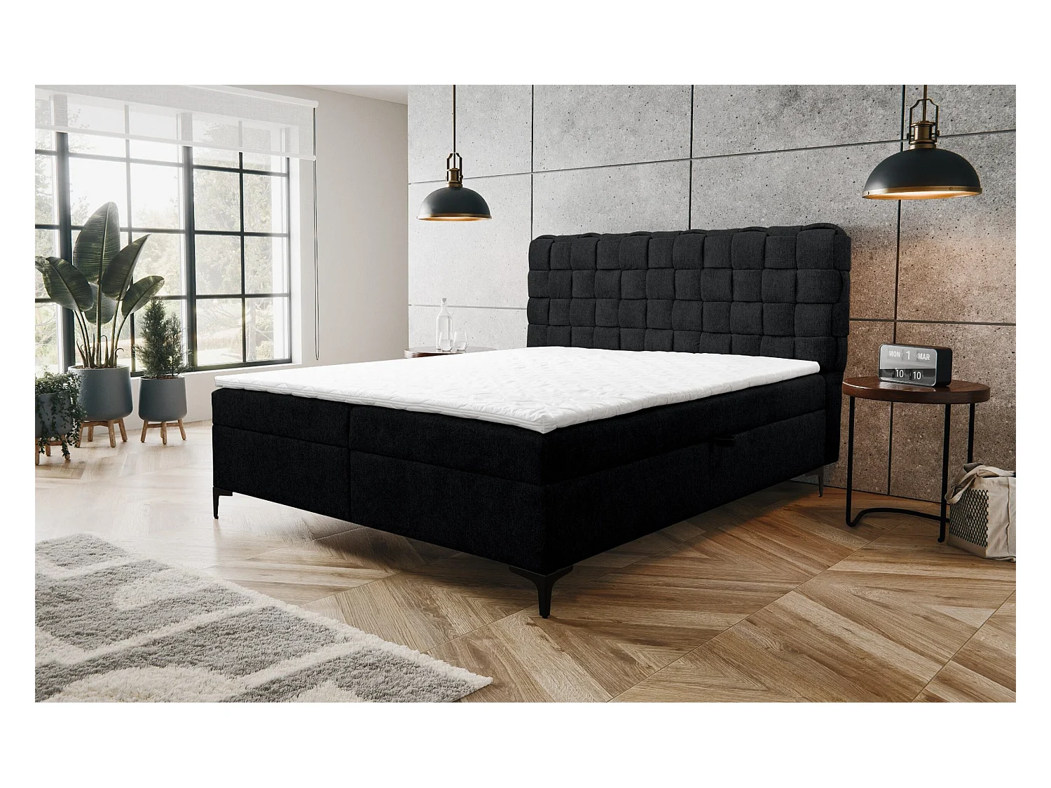 Lit boxspring Roma avec 2 coffres de rangement, lit rembourré Dimensions: 140x200, couleur: noir, tissu velours