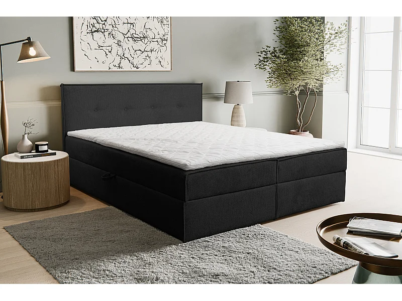 Lit boxspring Calido avec 2 coffres de rangement, lit rembourré Dimensions: 180x200, couleur: noir, tissu structuré