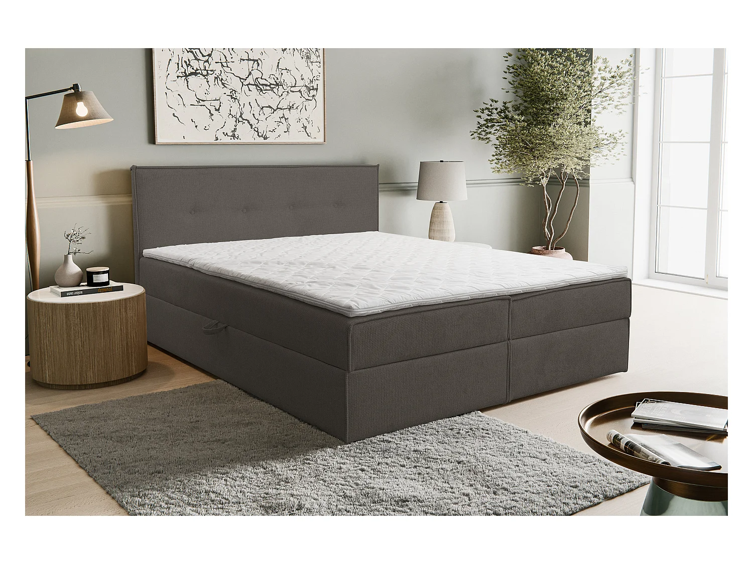 Lit boxspring Calido avec 2 coffres de rangement, lit rembourré Dimensions: 180x200, couleur: brun foncé, tissu structuré