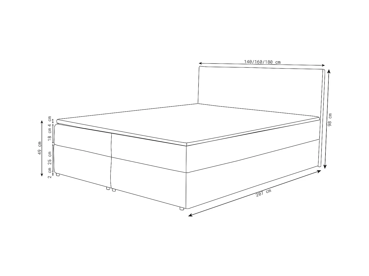 Lit boxspring Calido avec 2 coffres de rangement, lit rembourré Dimensions: 180x200, couleur: brun foncé, tissu structuré