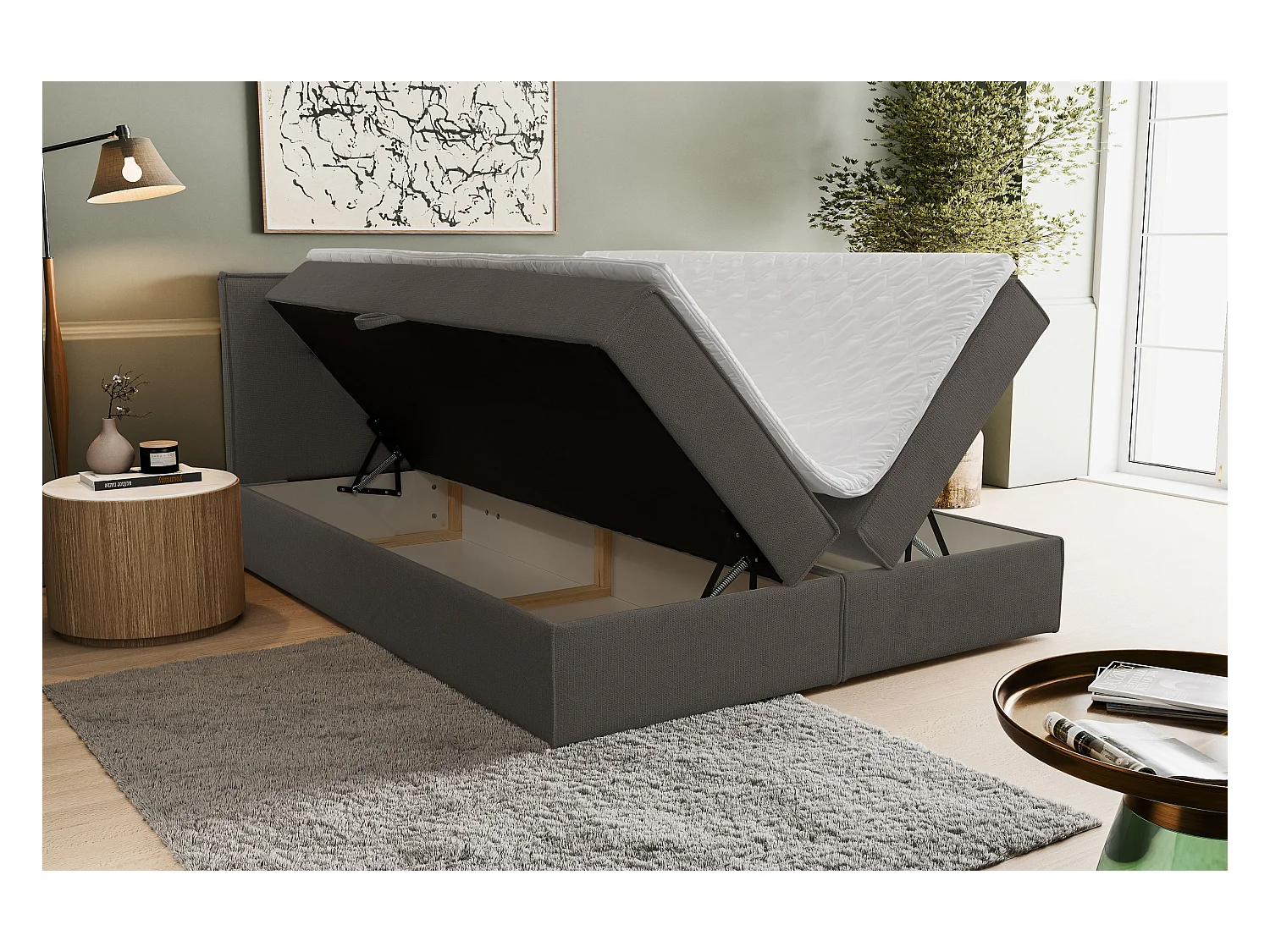 Lit boxspring Calido avec 2 coffres de rangement, lit rembourré Dimensions: 180x200, couleur: brun foncé, tissu structuré