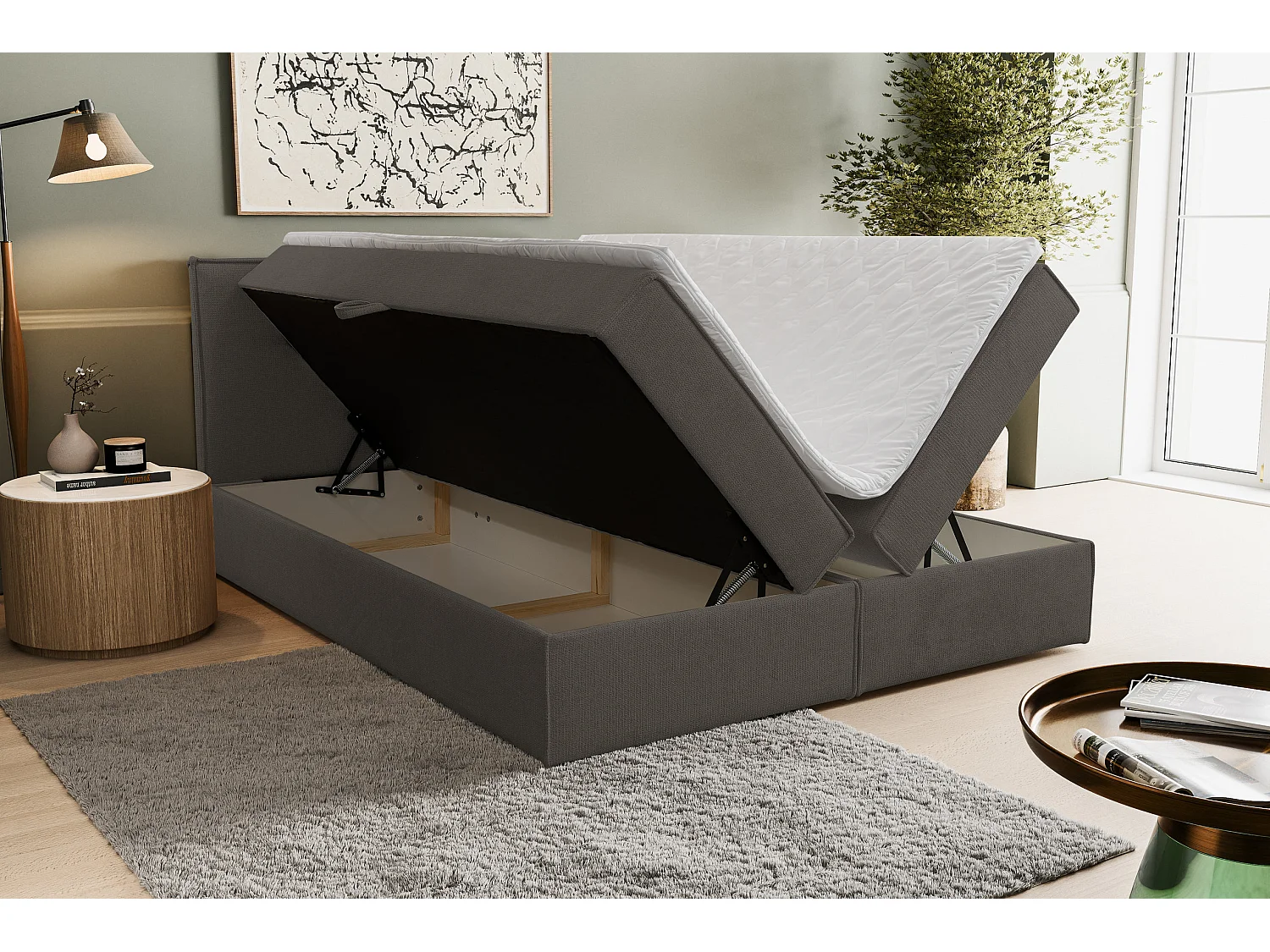 Lit boxspring Calido avec 2 coffres de rangement, lit rembourré Dimensions: 180x200, couleur: brun foncé, tissu structuré