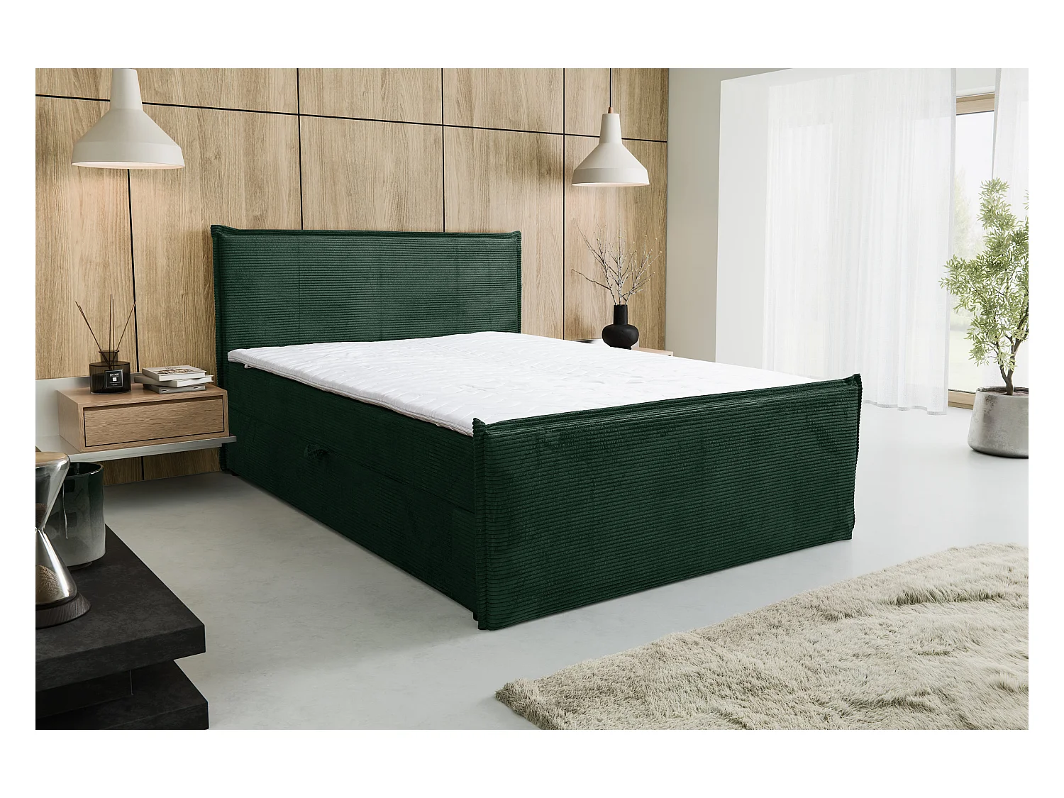Lit boxspring Vanessa avec 2 tiroirs de rangement, lit rembourré Dimensions: 140x200, couleur: vert, tissu cordé