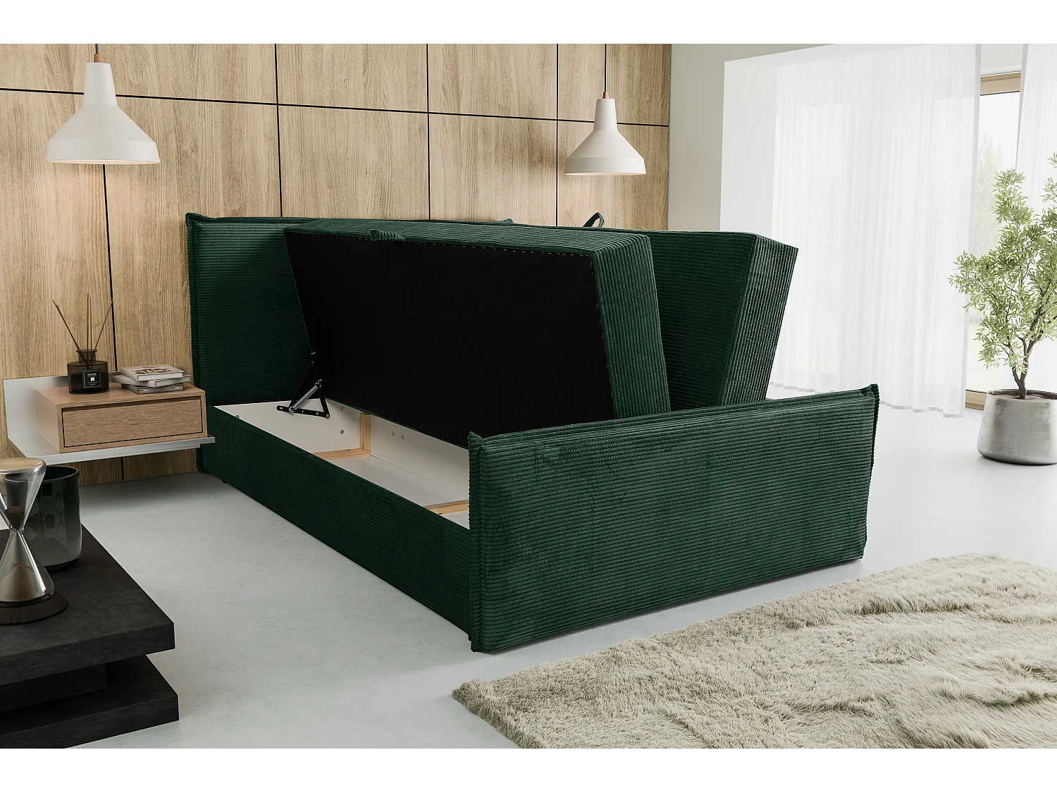 Lit boxspring Vanessa avec 2 tiroirs de rangement, lit rembourré Dimensions: 140x200, couleur: vert, tissu cordé