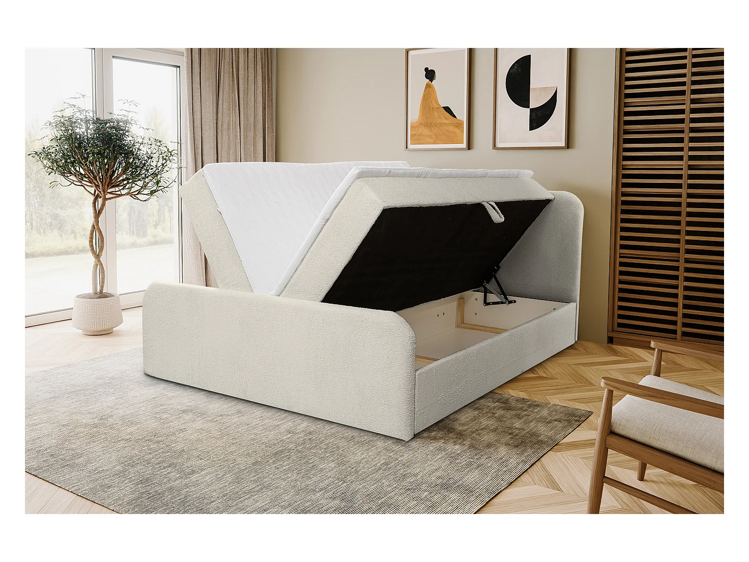 Lit boxspring LAMBI avec 2 coffres de rangement, lit rembourré Dimensions: 140x200, couleur: beige, tissu bouclé